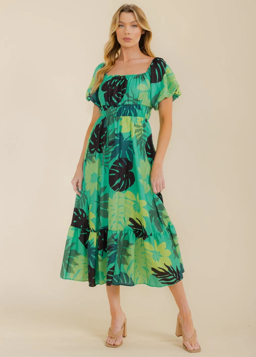 WOMEN'S SHORT PUFF SLEEVE TIERED ELASTIC WAIST LEAF PRINT MAXI DRESS