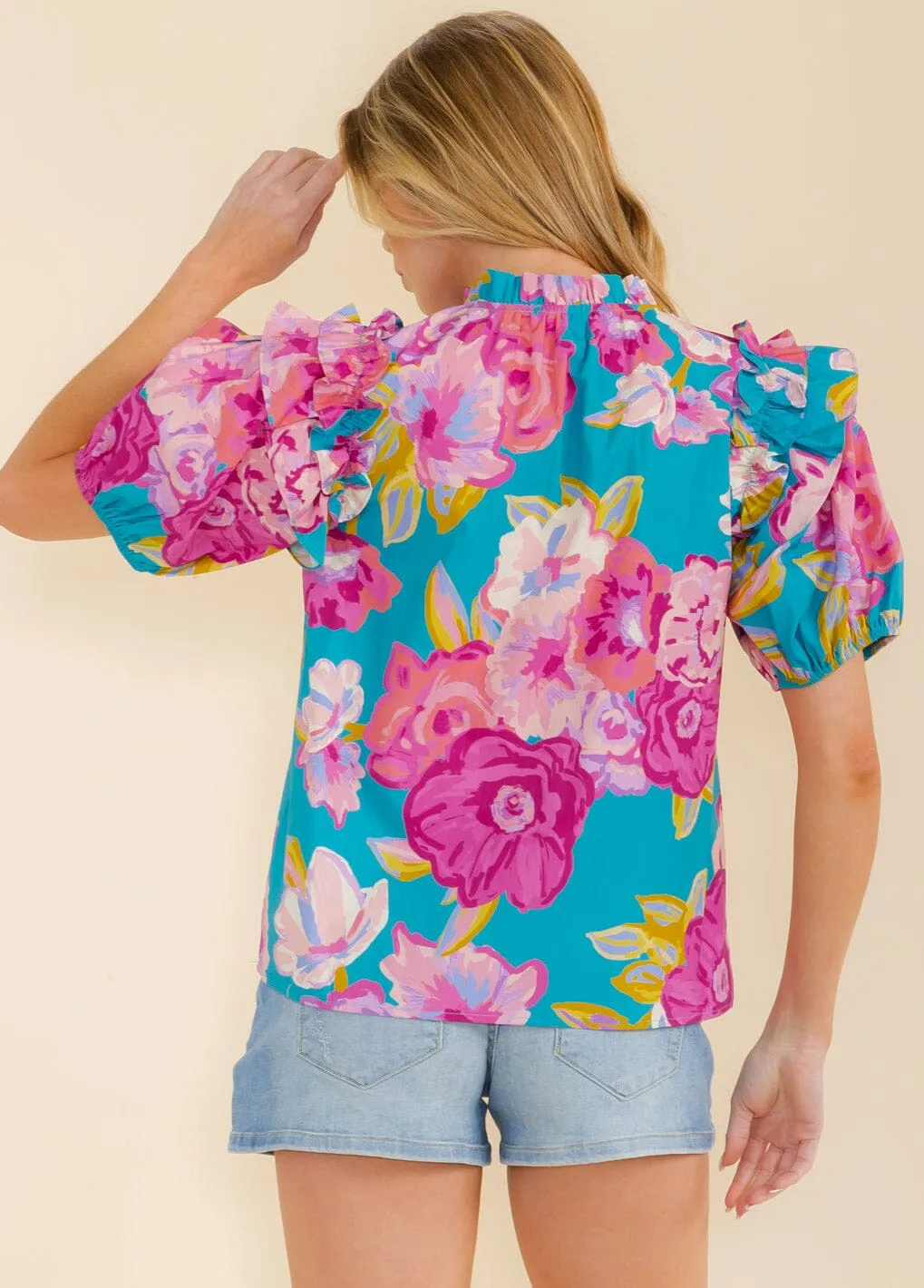 WOMEN'S SHORT PUFF SLEEVE V-NECK FLORAL BLOUSE