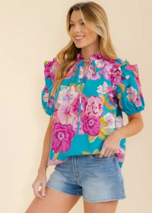 WOMEN'S SHORT PUFF SLEEVE V-NECK FLORAL BLOUSE