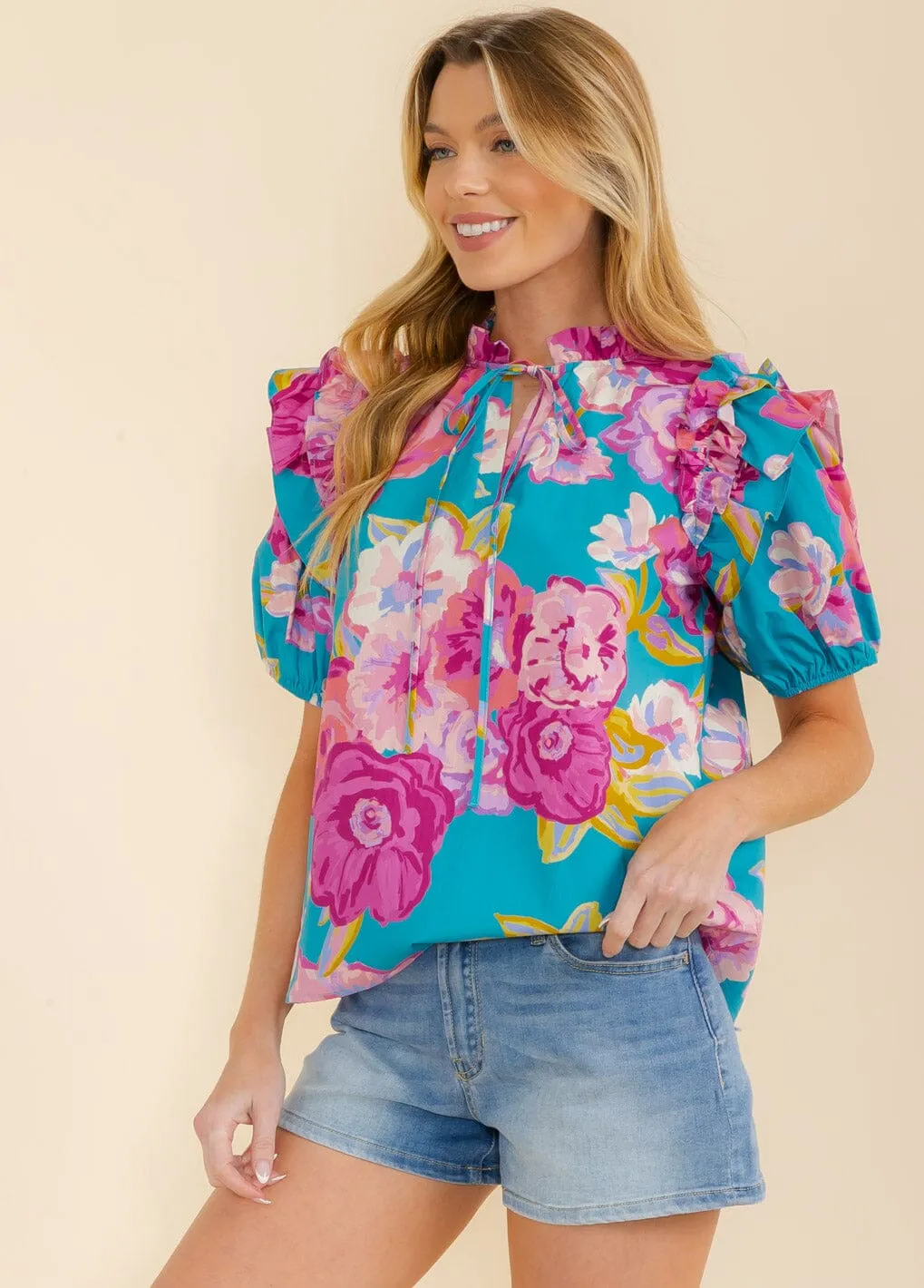 WOMEN'S SHORT PUFF SLEEVE V-NECK FLORAL BLOUSE