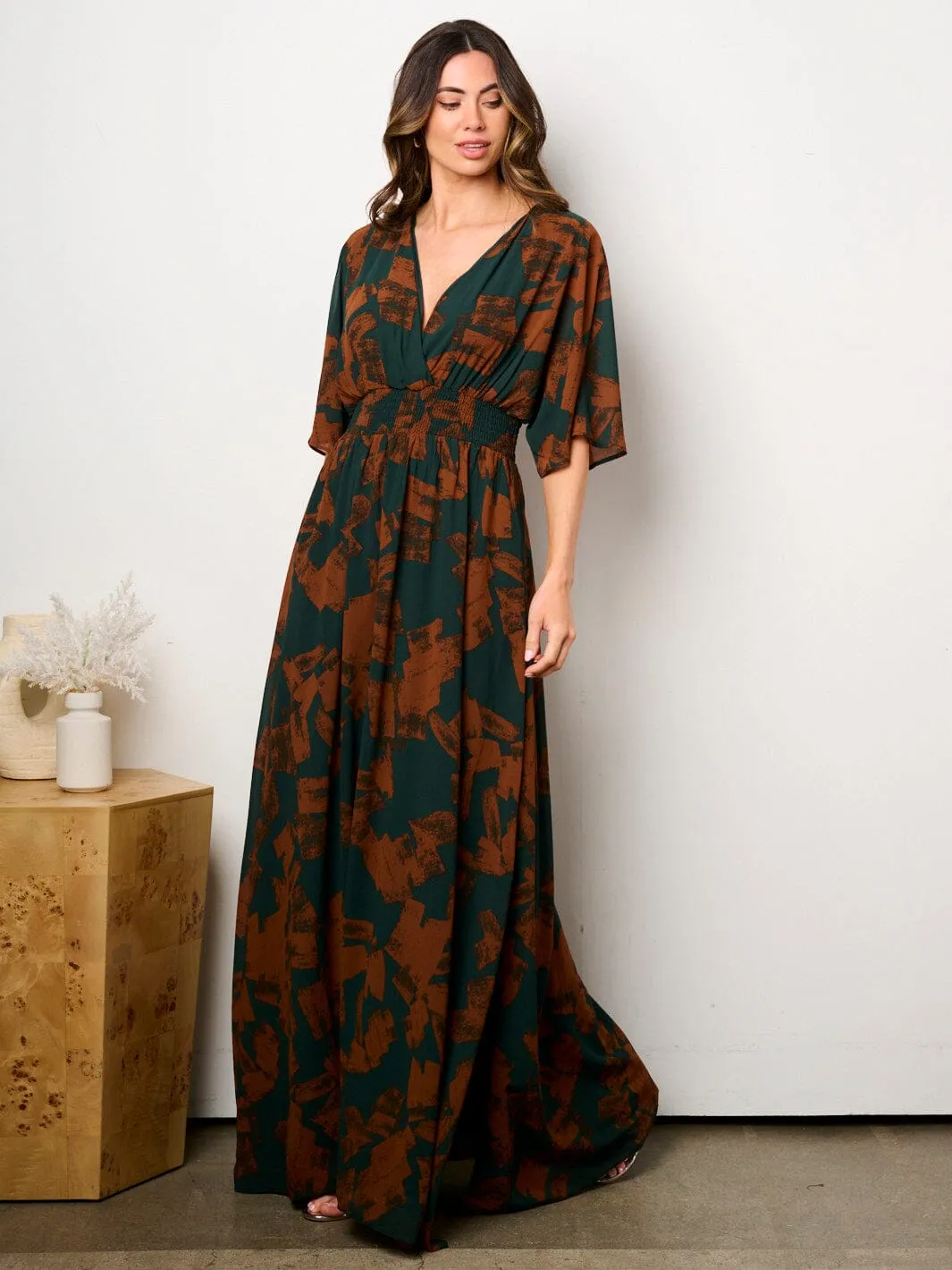 WOMEN'S SHORT SLEEVE MULTI PRINT SURPLICE MAXI DRESS