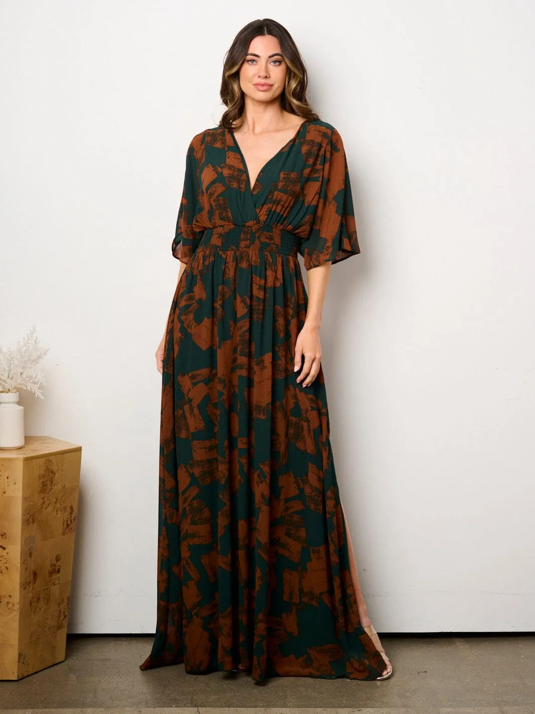 WOMEN'S SHORT SLEEVE MULTI PRINT SURPLICE MAXI DRESS