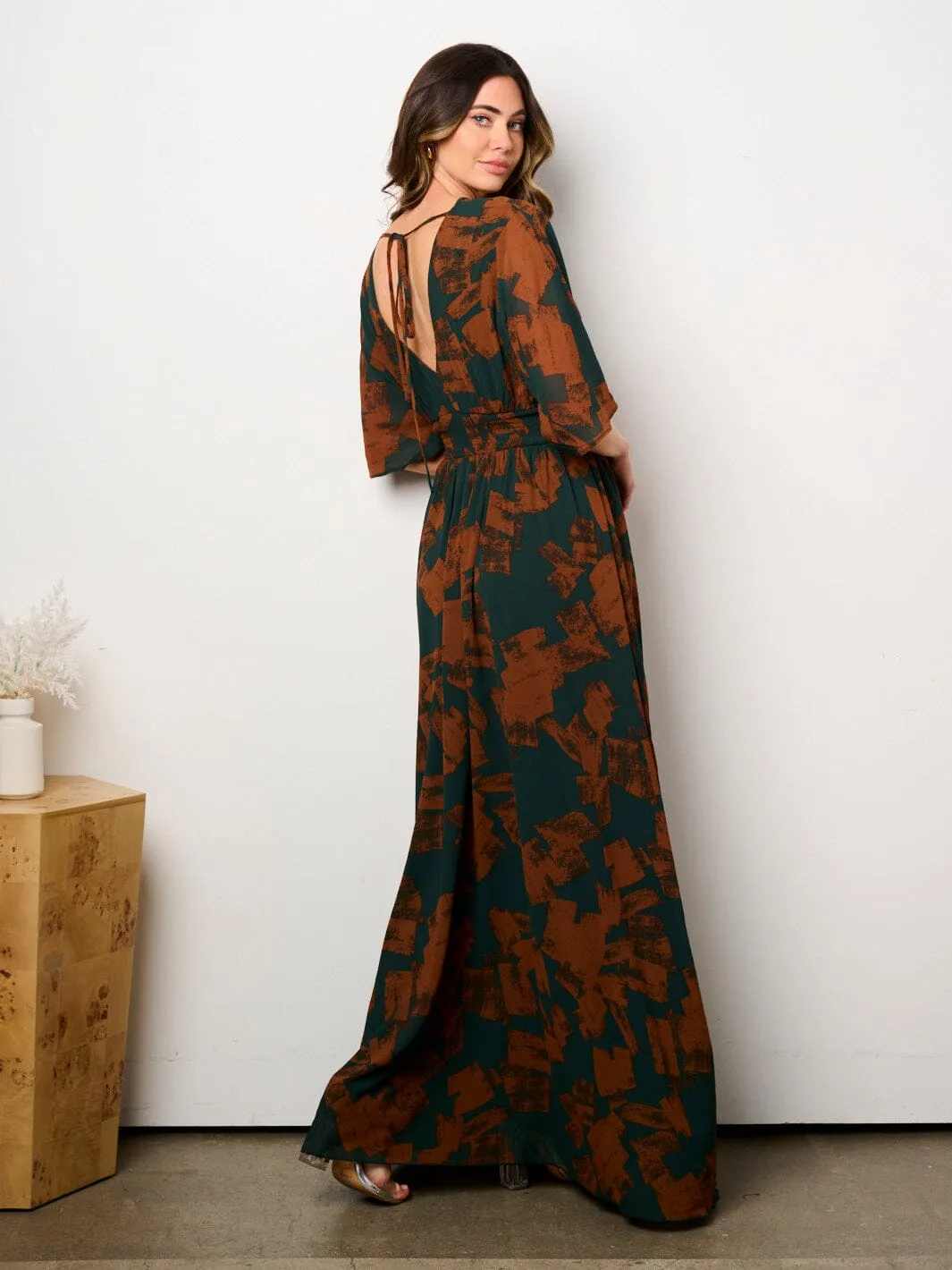 WOMEN'S SHORT SLEEVE MULTI PRINT SURPLICE MAXI DRESS