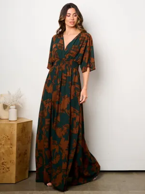WOMEN'S SHORT SLEEVE MULTI PRINT SURPLICE MAXI DRESS