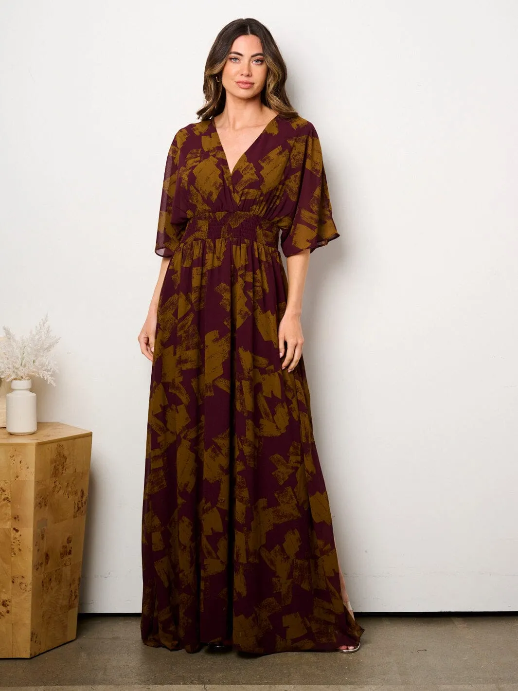 WOMEN'S SHORT SLEEVE MULTI PRINT SURPLICE MAXI DRESS