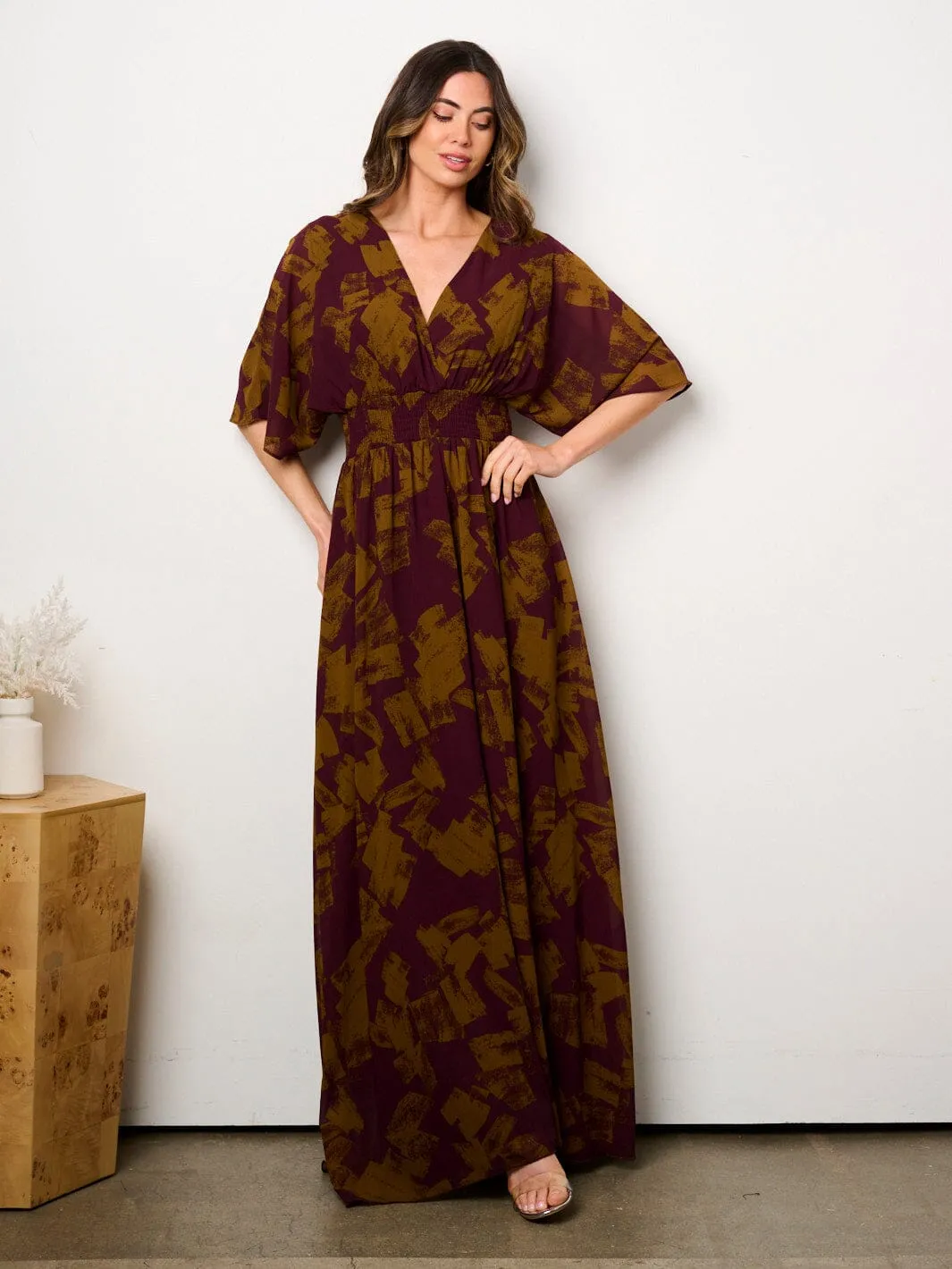 WOMEN'S SHORT SLEEVE MULTI PRINT SURPLICE MAXI DRESS