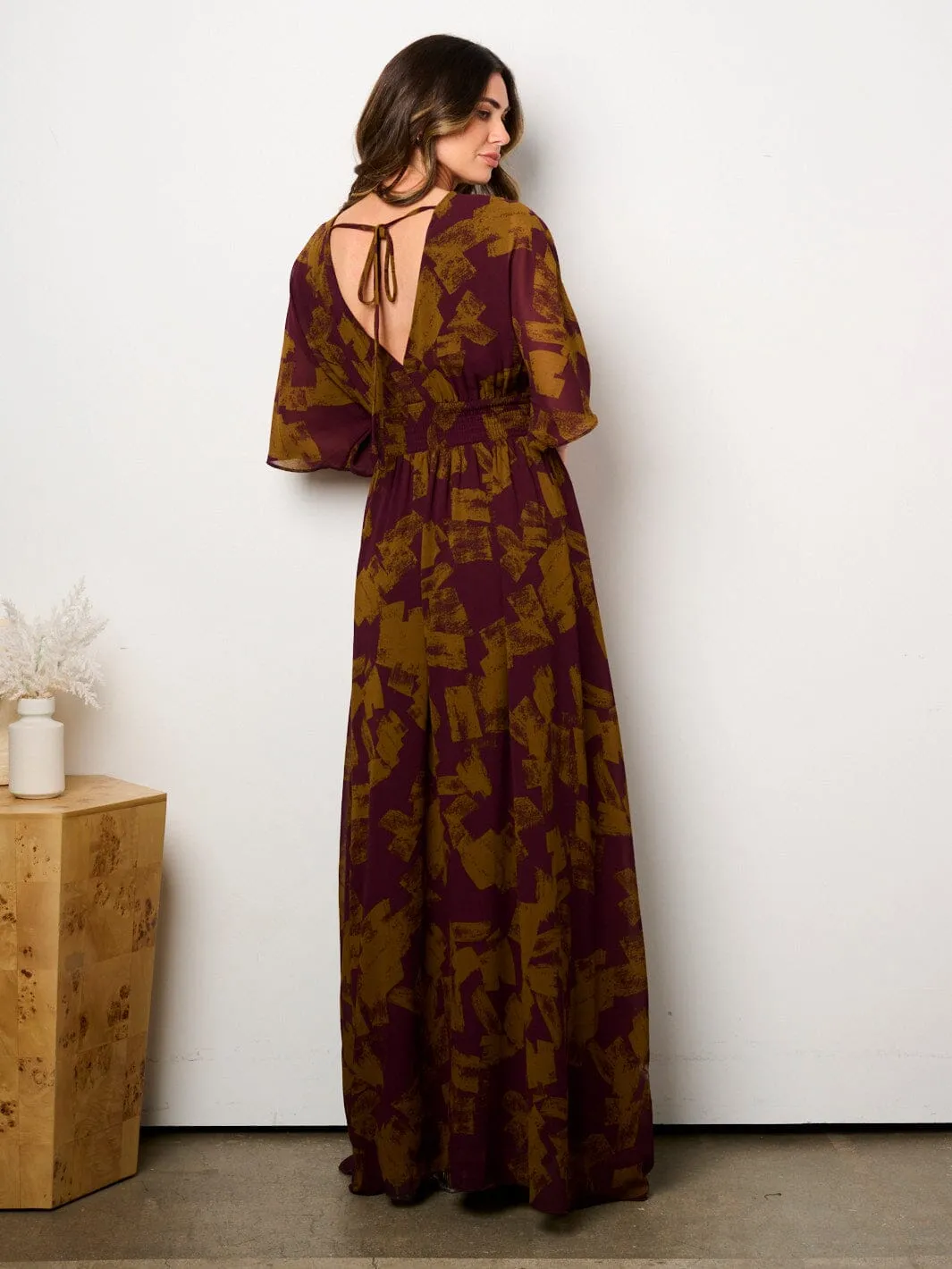 WOMEN'S SHORT SLEEVE MULTI PRINT SURPLICE MAXI DRESS