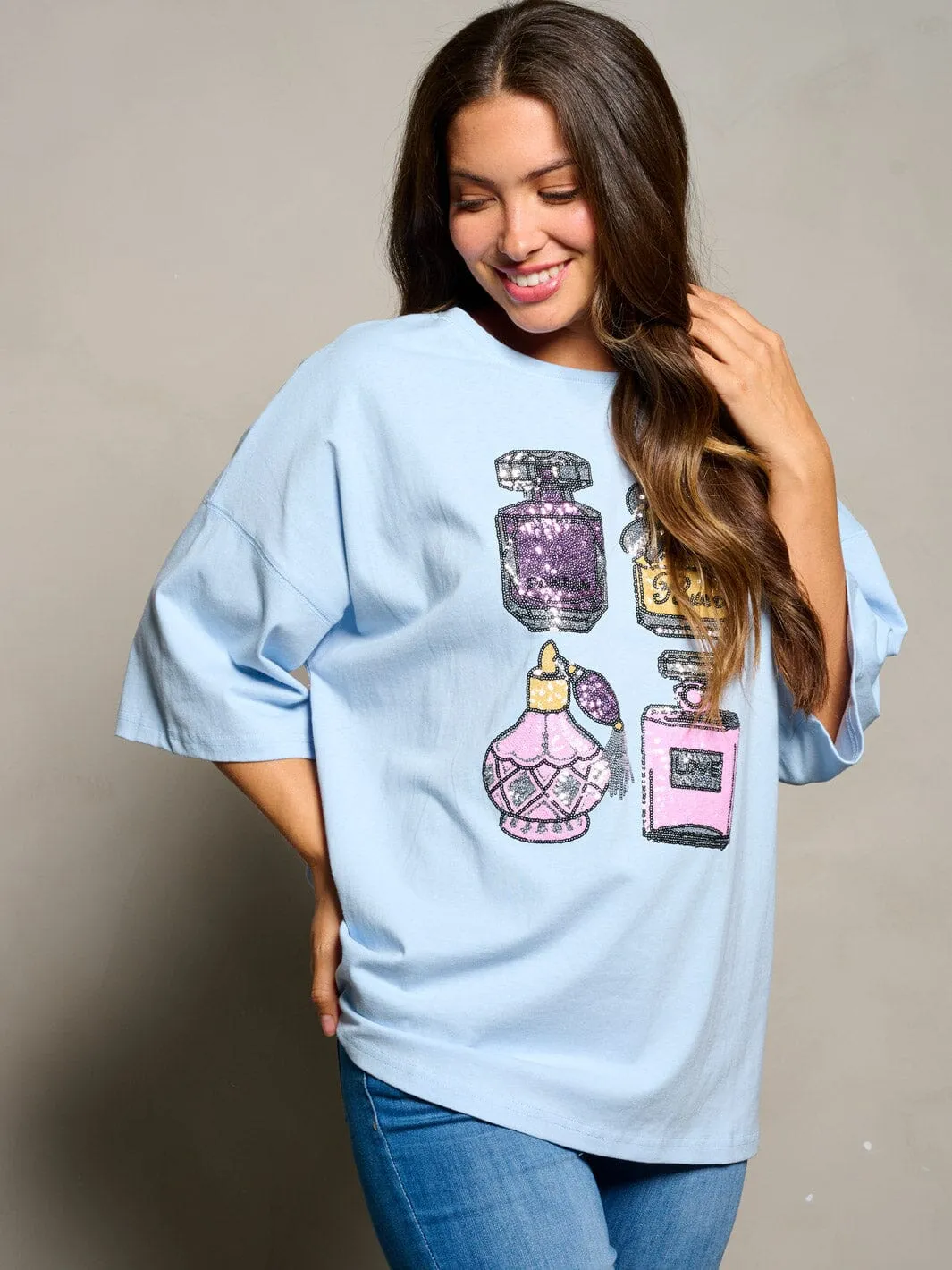 WOMEN'S SHORT SLEEVE SEQUINS MULTI GRAPHIC TOP