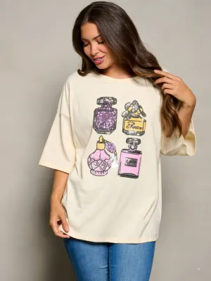 WOMEN'S SHORT SLEEVE SEQUINS MULTI GRAPHIC TOP