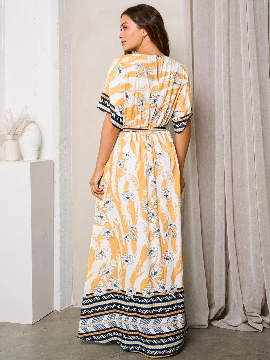 WOMEN'S SHORT SLEEVE SURPLICE MULTI PRINT MAXI DRESS