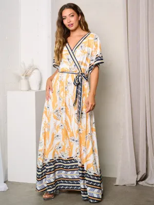 WOMEN'S SHORT SLEEVE SURPLICE MULTI PRINT MAXI DRESS
