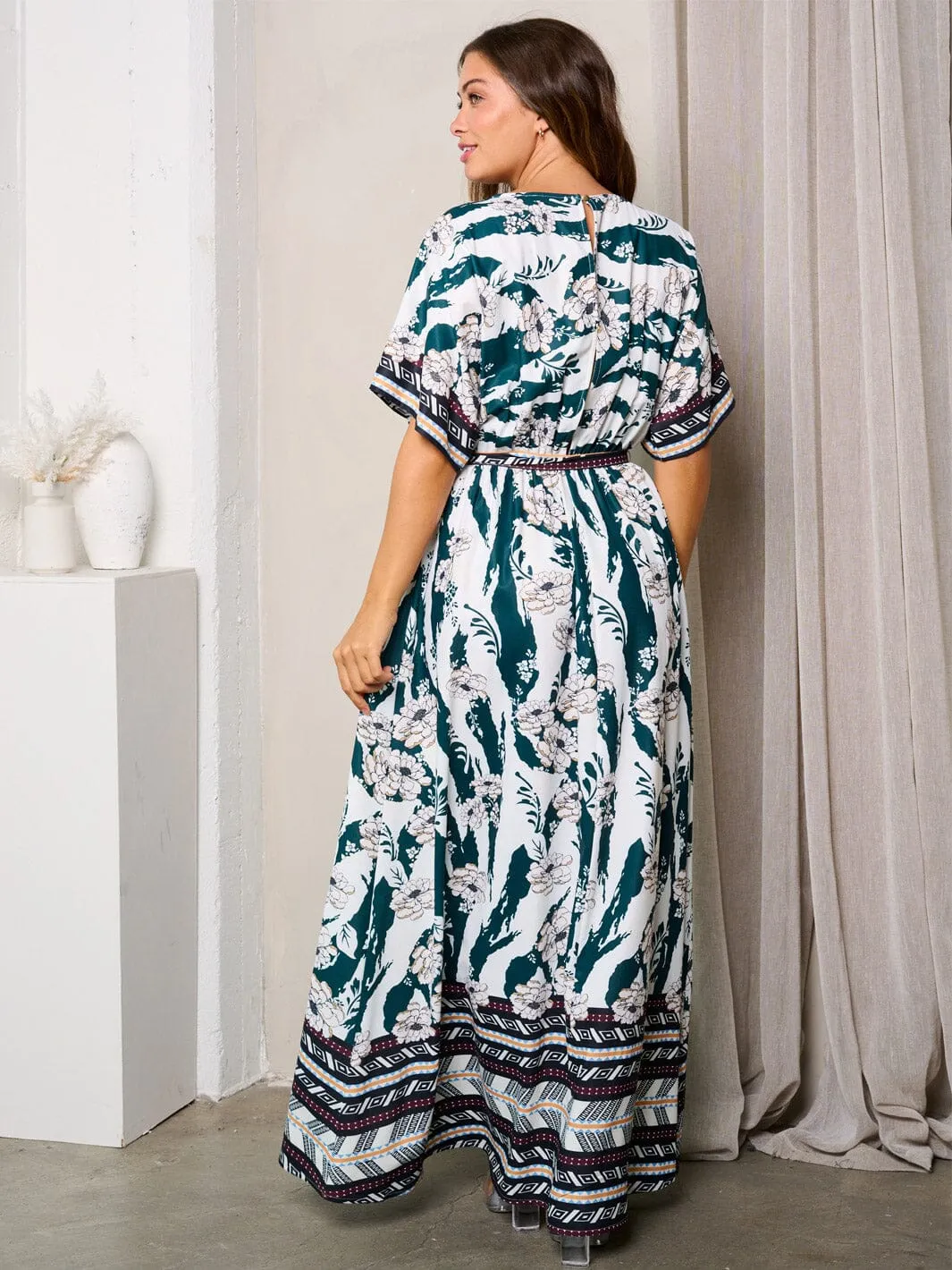 WOMEN'S SHORT SLEEVE SURPLICE MULTI PRINT MAXI DRESS