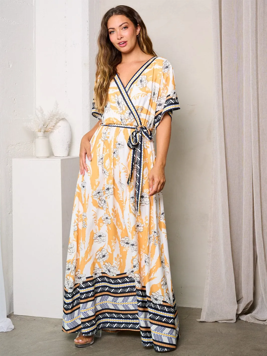WOMEN'S SHORT SLEEVE SURPLICE MULTI PRINT MAXI DRESS