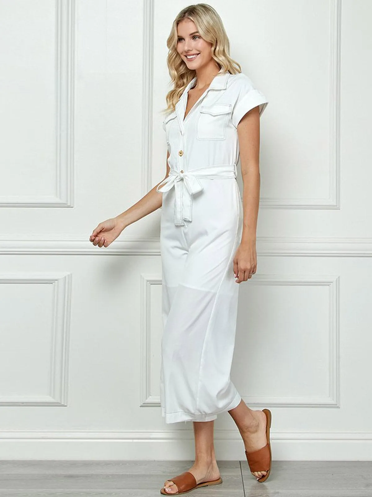 WOMEN'S SHORT SLEEVE V-NECK BUTTON UP POCKETS WIDE LEG JUMPSUIT