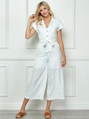WOMEN'S SHORT SLEEVE V-NECK BUTTON UP POCKETS WIDE LEG JUMPSUIT
