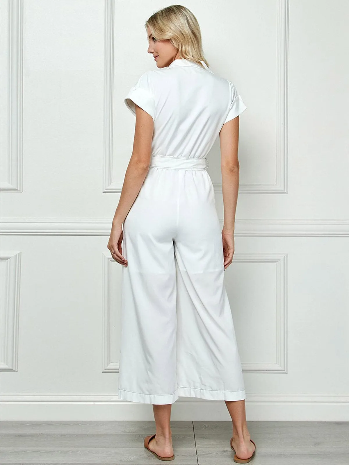 WOMEN'S SHORT SLEEVE V-NECK BUTTON UP POCKETS WIDE LEG JUMPSUIT
