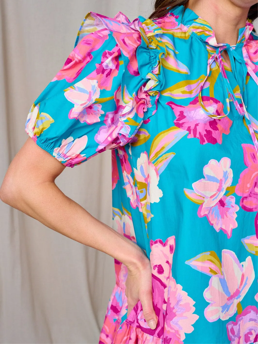 WOMEN'S SHORT SLEEVE V-NECK FLOWER PRINT TUNIC MINI DRESS