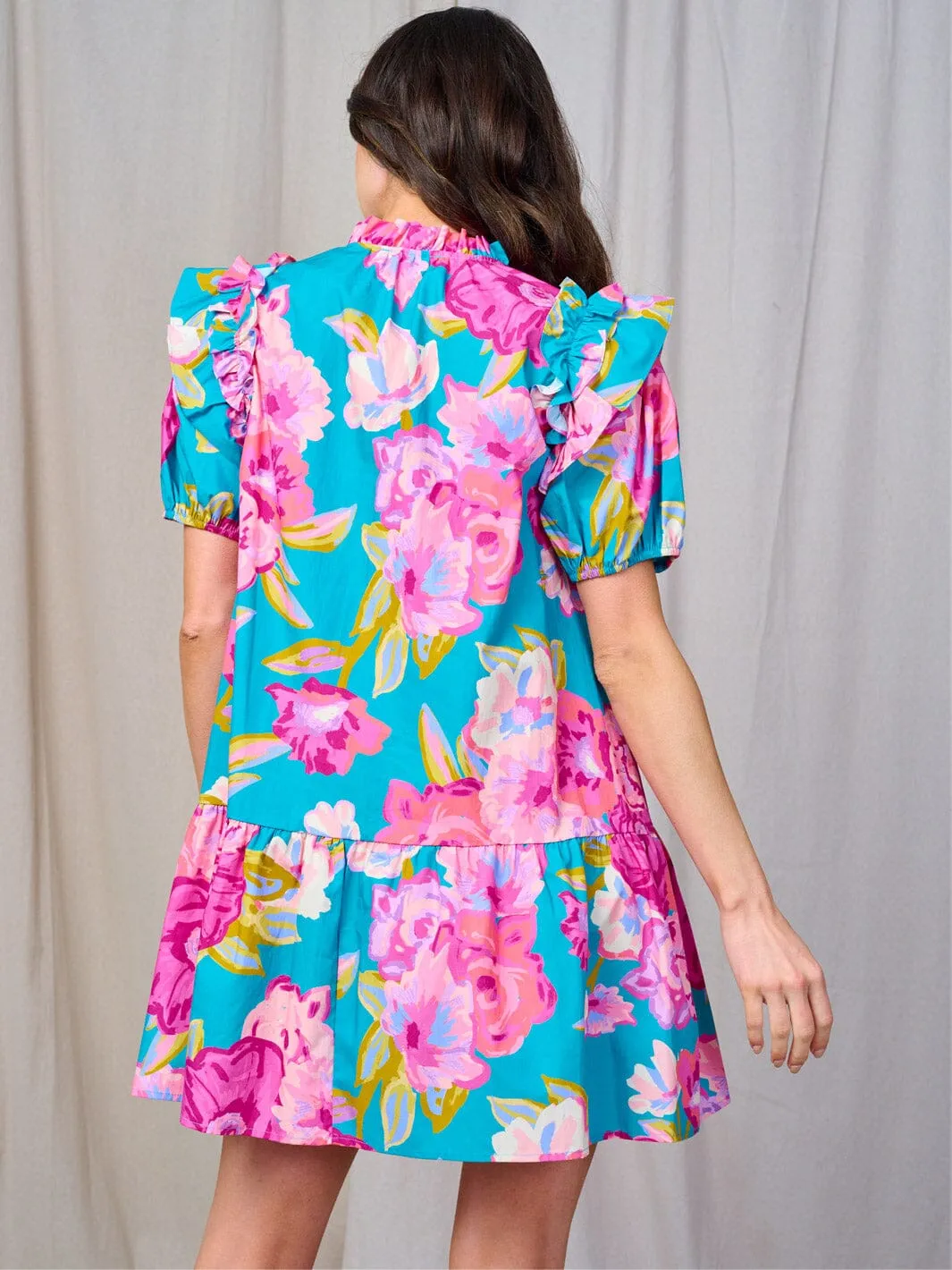 WOMEN'S SHORT SLEEVE V-NECK FLOWER PRINT TUNIC MINI DRESS