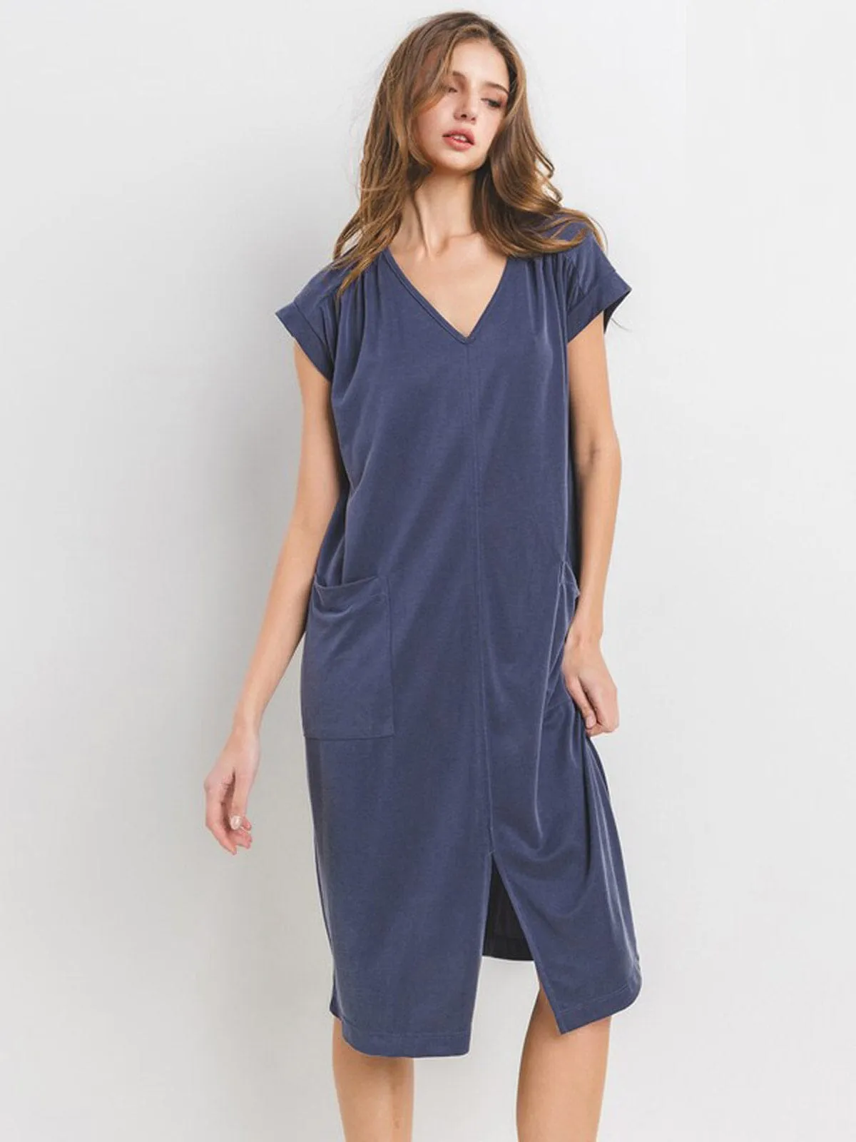WOMEN'S SHORT SLEEVE V-NECK FRONT POCKETS TUNIC MIDI DRESS