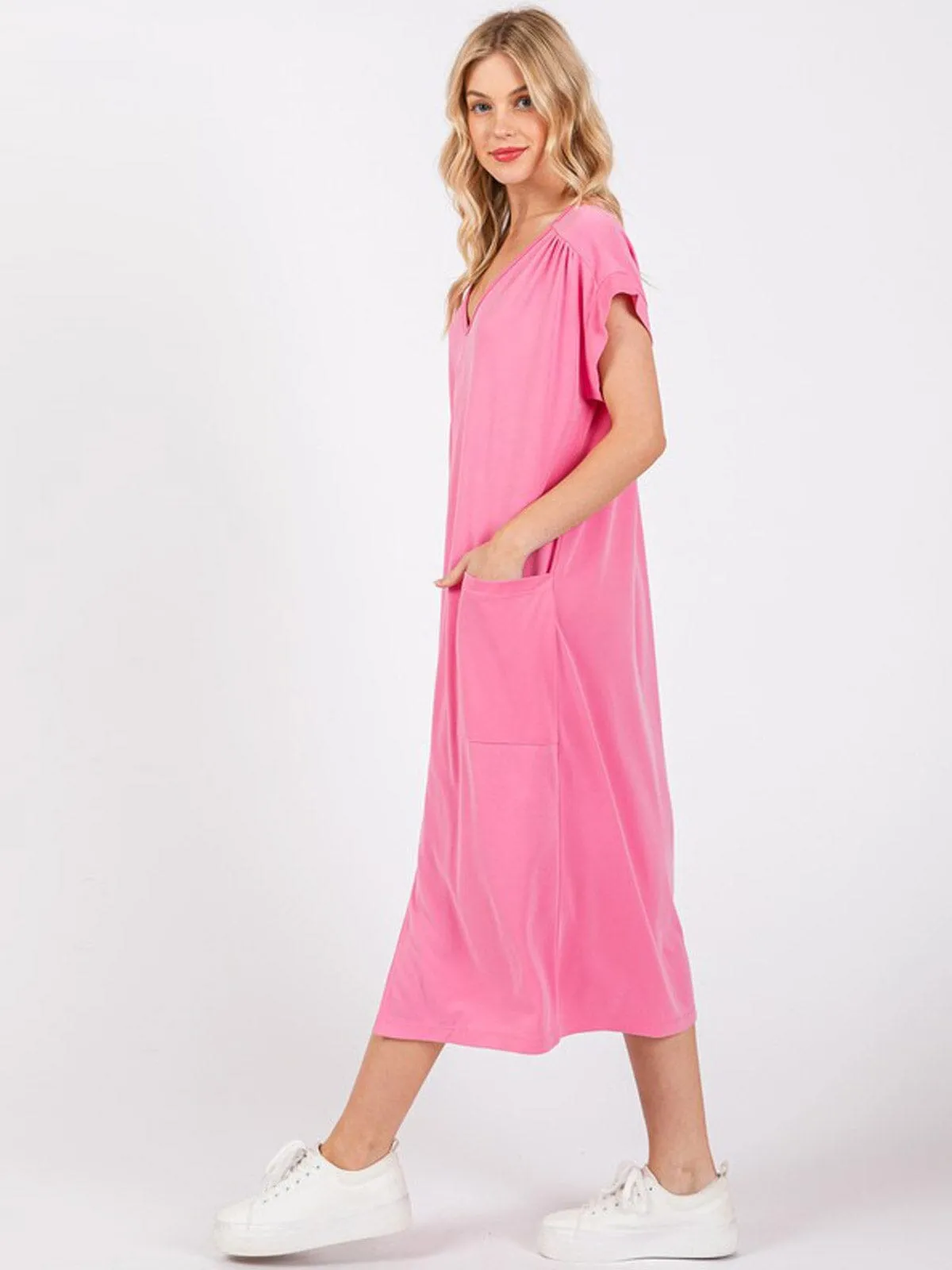 WOMEN'S SHORT SLEEVE V-NECK FRONT POCKETS TUNIC MIDI DRESS
