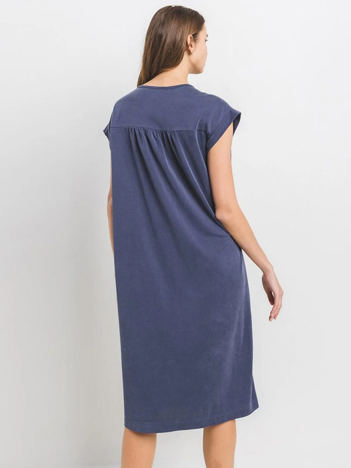 WOMEN'S SHORT SLEEVE V-NECK FRONT POCKETS TUNIC MIDI DRESS