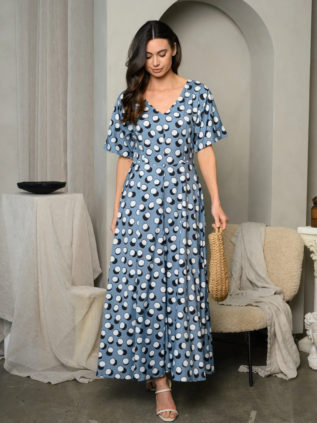 WOMEN'S SHORT SLEEVE V-NECK MAXI DRESS