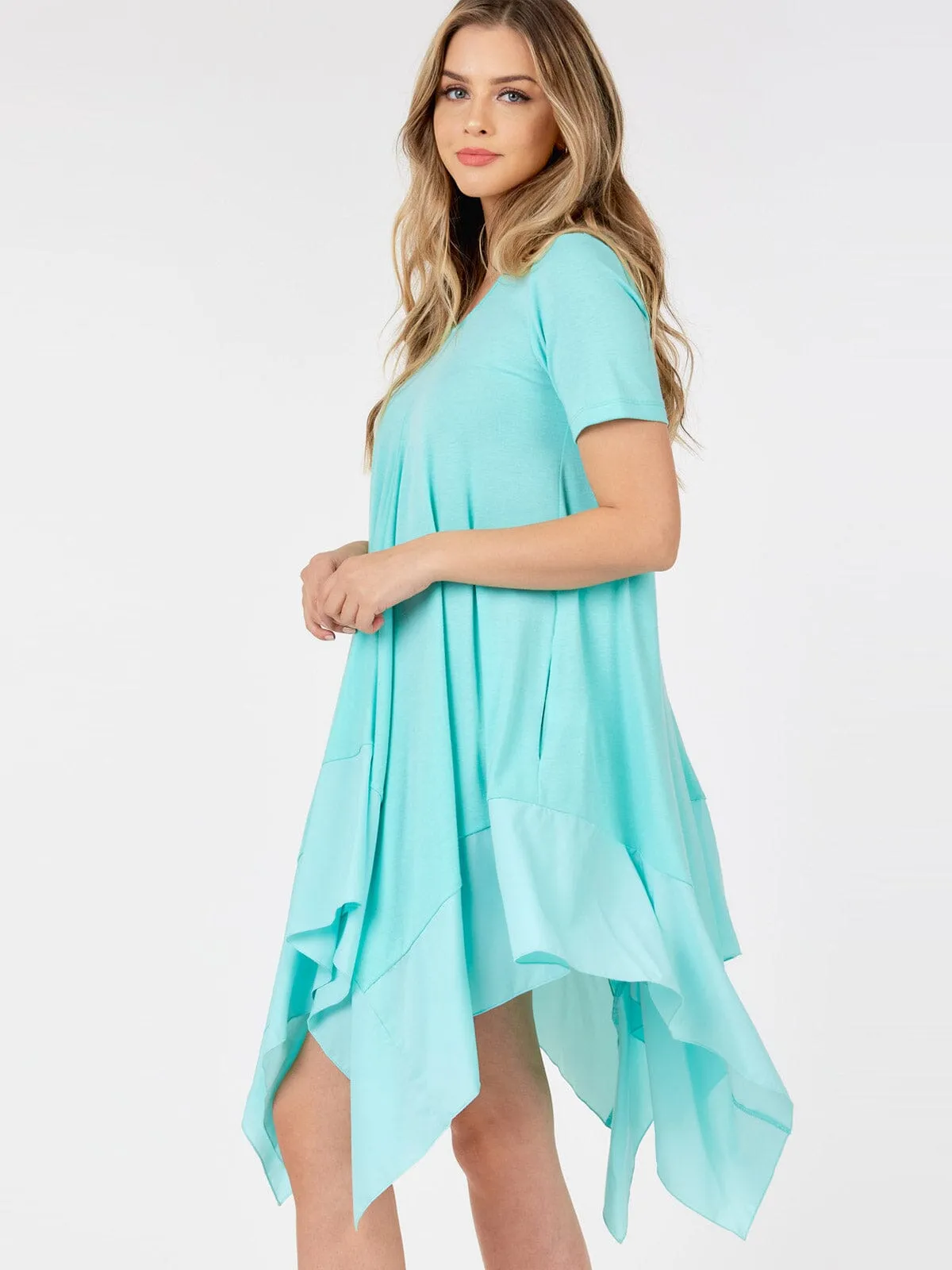 WOMEN'S SHORT SLEEVE V-NECK TUNIC FRONT POCKETS HIGH LOW MINI DRESS