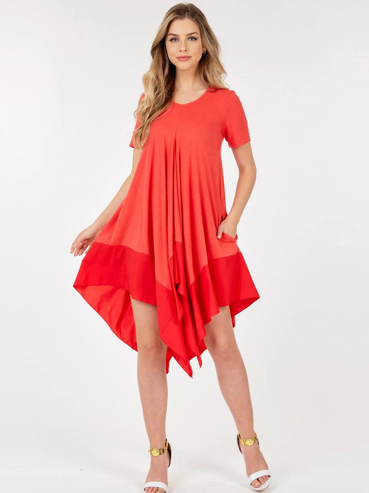 WOMEN'S SHORT SLEEVE V-NECK TUNIC FRONT POCKETS HIGH LOW MINI DRESS