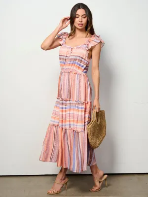 WOMEN'S SLEEVELESS ELASTIC WAIST MULTI STRIPES MAXI DRESS