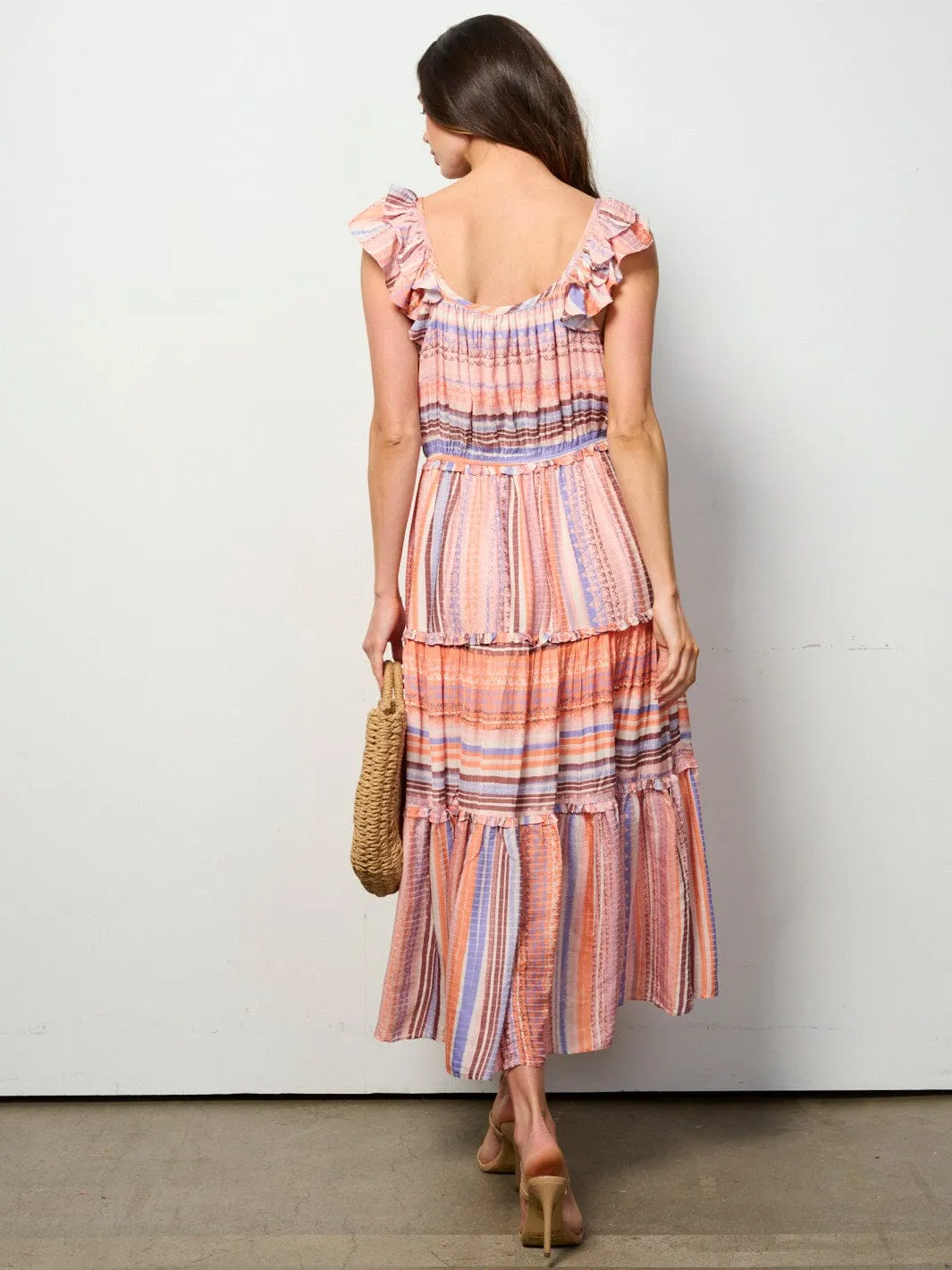 WOMEN'S SLEEVELESS ELASTIC WAIST MULTI STRIPES MAXI DRESS