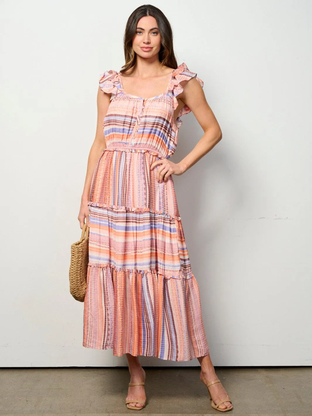 WOMEN'S SLEEVELESS ELASTIC WAIST MULTI STRIPES MAXI DRESS