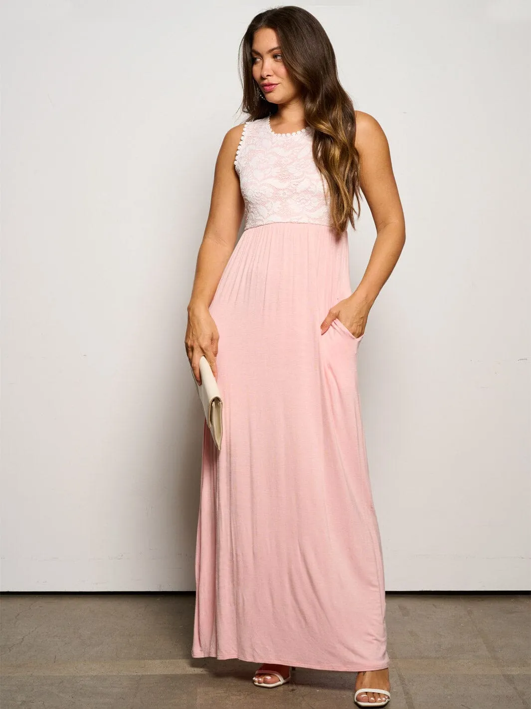 WOMEN'S SLEEVELESS ELASTIC WAIST POCKETS LACE MAXI DRESS
