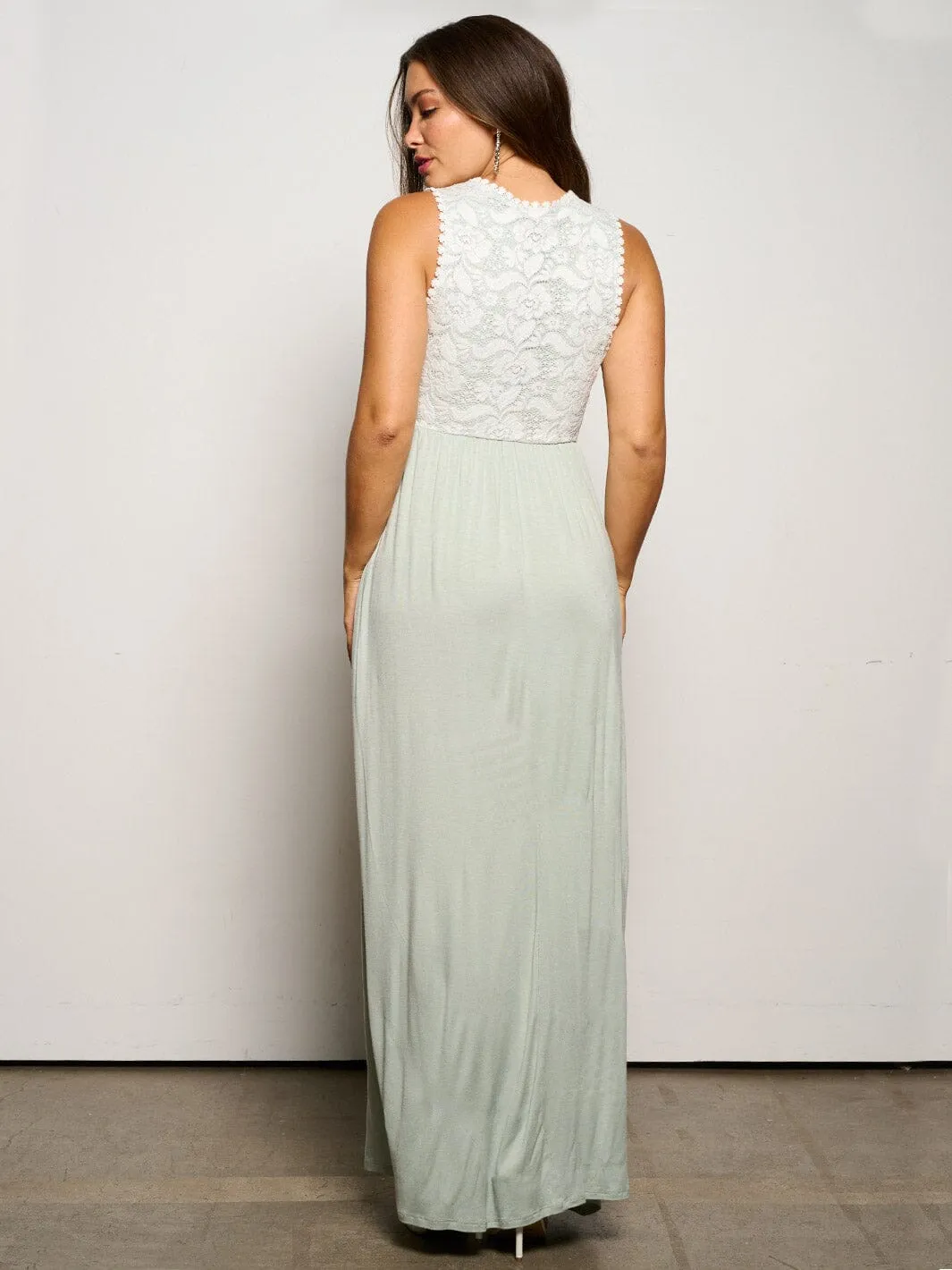 WOMEN'S SLEEVELESS ELASTIC WAIST POCKETS LACE MAXI DRESS
