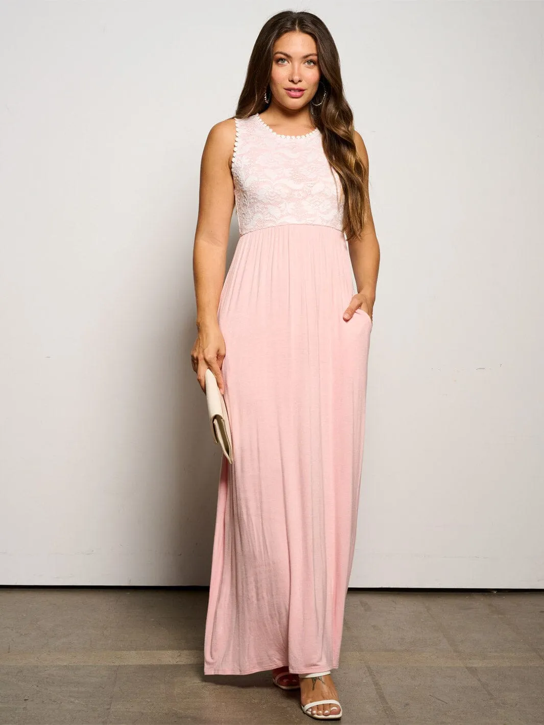 WOMEN'S SLEEVELESS ELASTIC WAIST POCKETS LACE MAXI DRESS