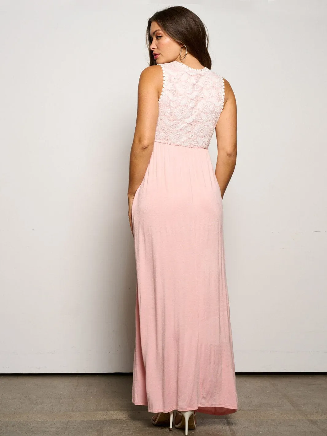 WOMEN'S SLEEVELESS ELASTIC WAIST POCKETS LACE MAXI DRESS