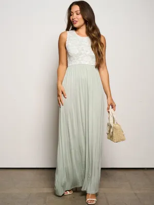 WOMEN'S SLEEVELESS ELASTIC WAIST POCKETS LACE MAXI DRESS