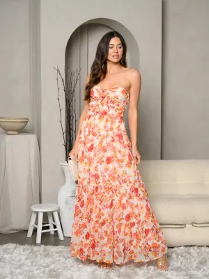 WOMEN'S SLEEVELESS FRONT RUCHED MULTI PRINT SHIMMER MAXI DRESS