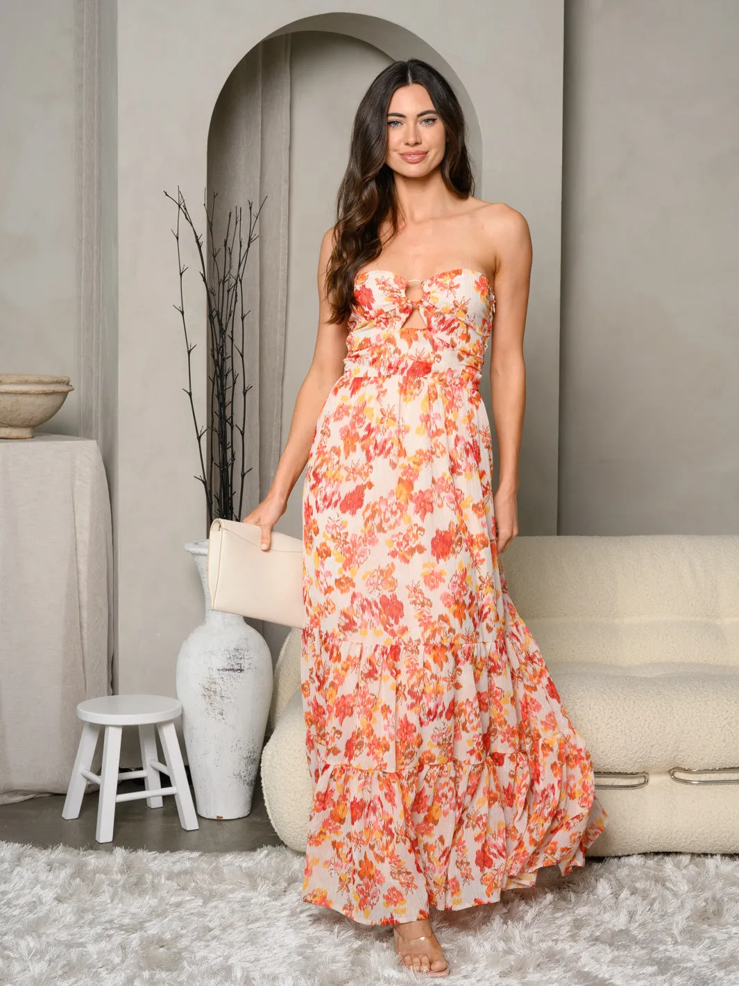 WOMEN'S SLEEVELESS FRONT RUCHED MULTI PRINT SHIMMER MAXI DRESS
