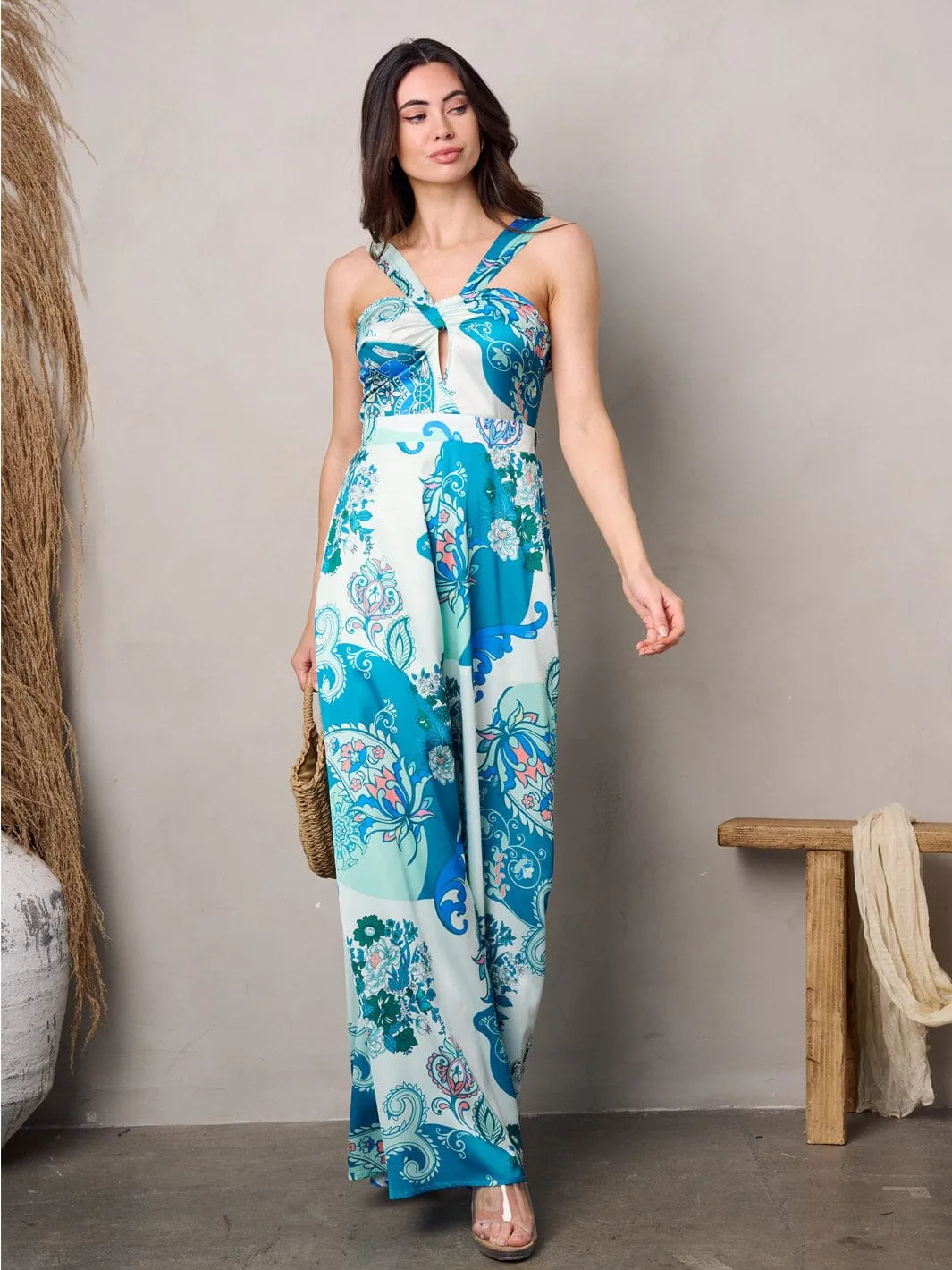 WOMEN'S SLEEVELESS HALTER NECK MULTI PRINT JUMPSUIT