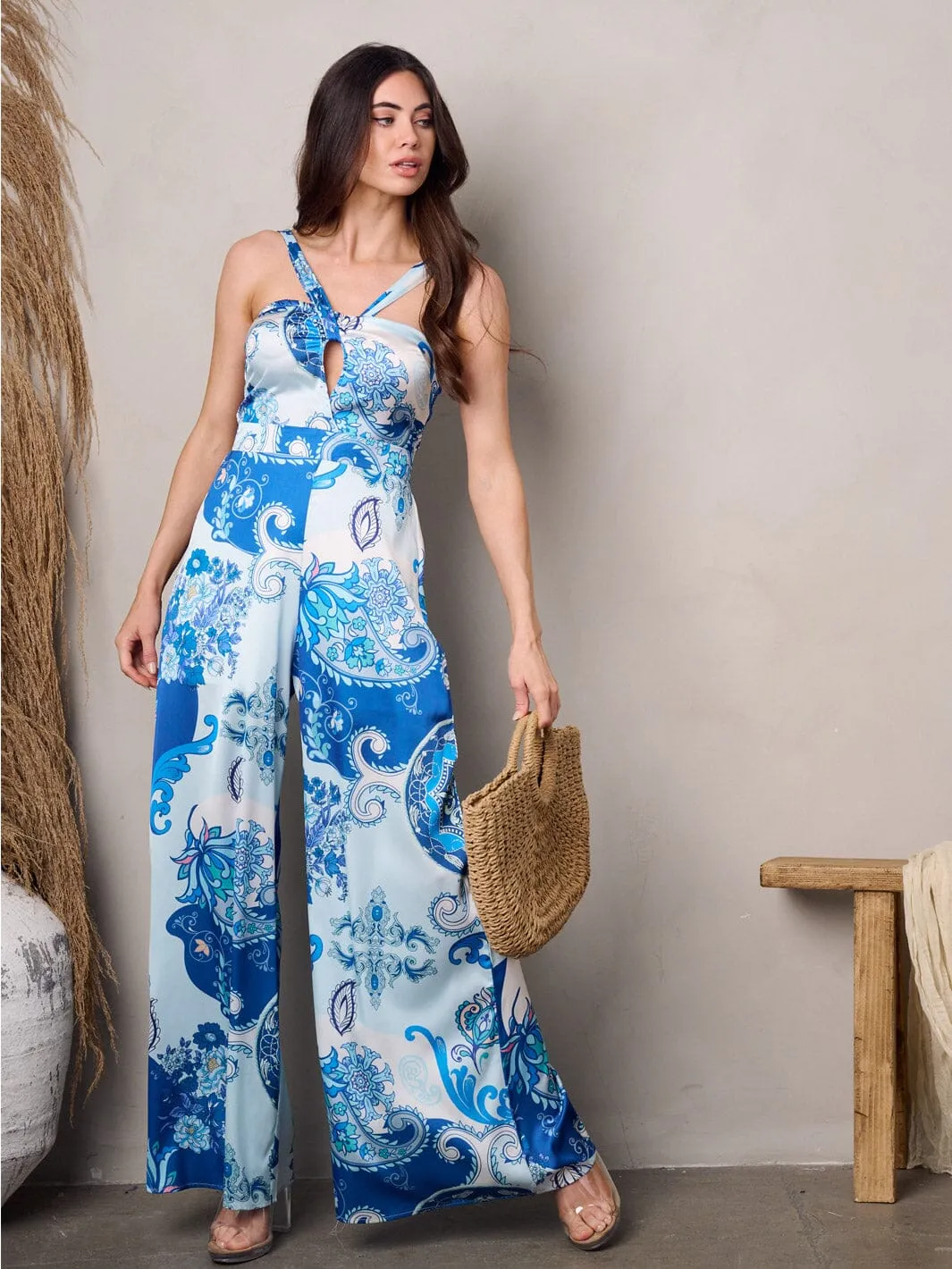 WOMEN'S SLEEVELESS HALTER NECK MULTI PRINT JUMPSUIT