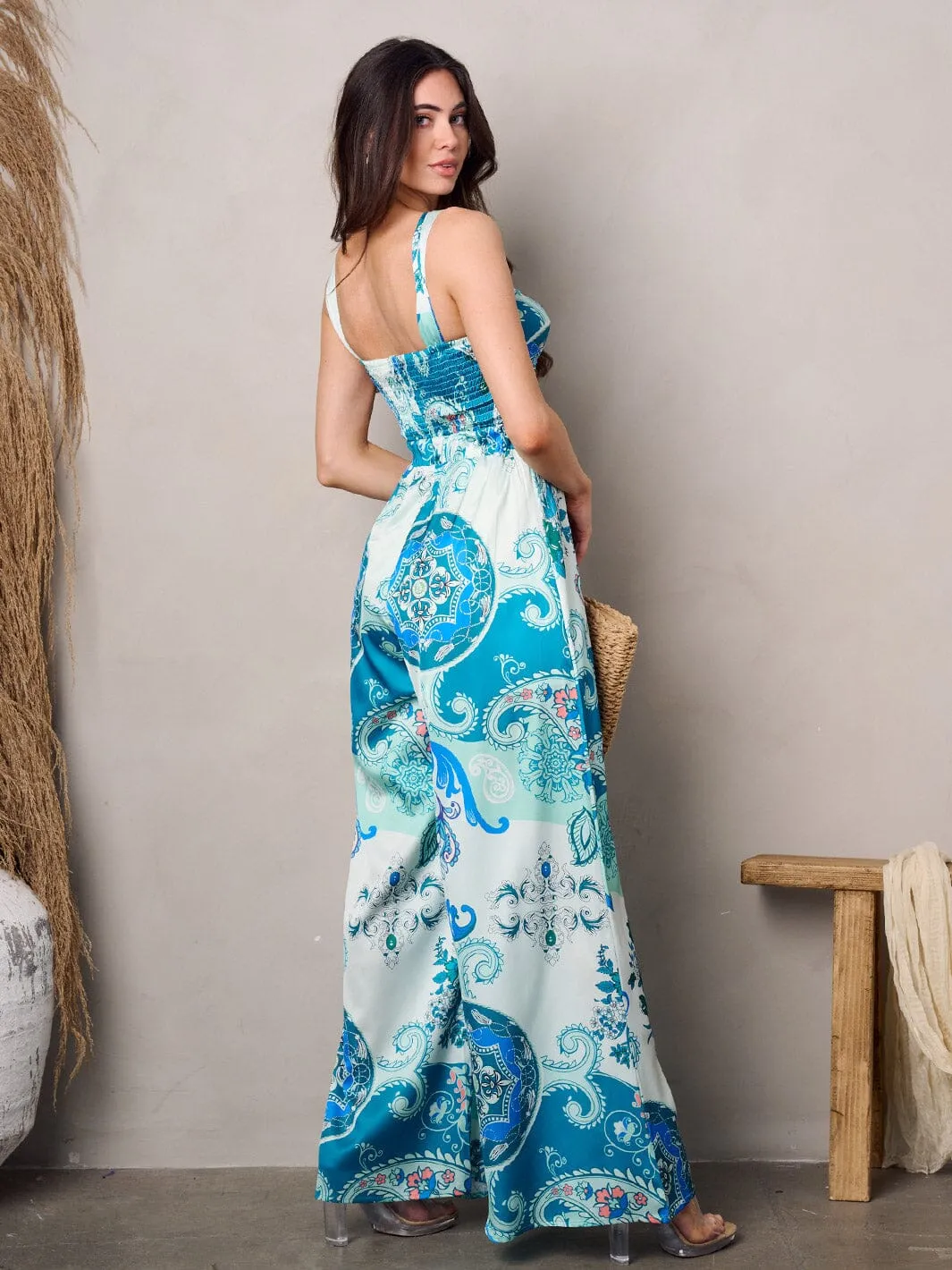 WOMEN'S SLEEVELESS HALTER NECK MULTI PRINT JUMPSUIT