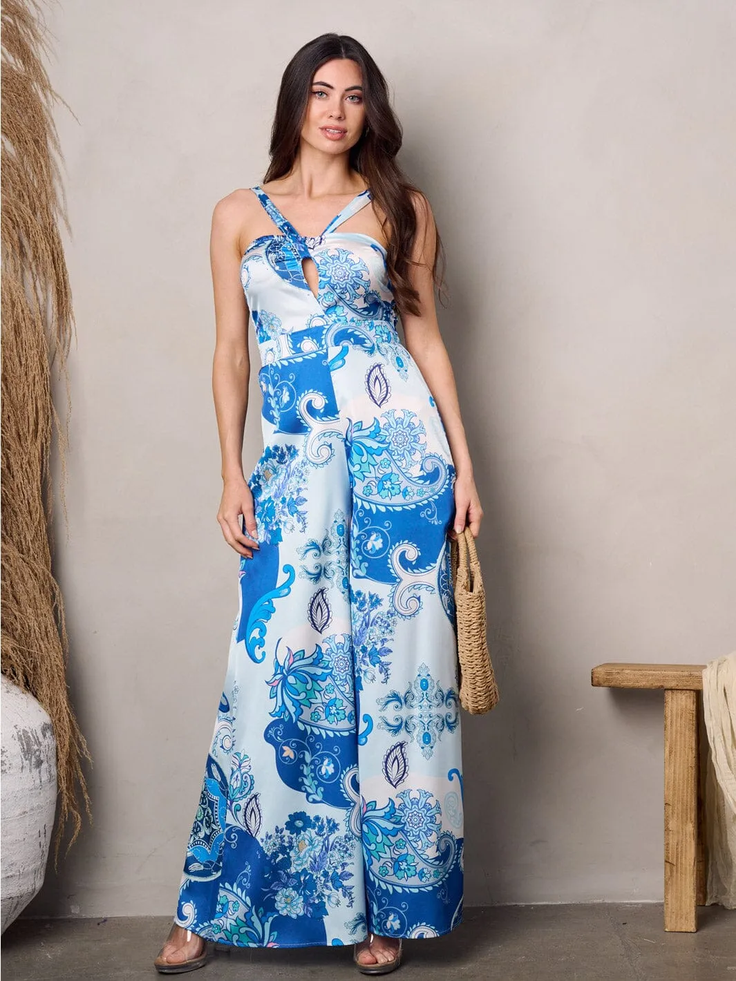 WOMEN'S SLEEVELESS HALTER NECK MULTI PRINT JUMPSUIT