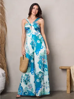 WOMEN'S SLEEVELESS HALTER NECK MULTI PRINT JUMPSUIT