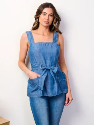 WOMEN'S SLEEVELESS SQUARE NECK POCKETS SELF TIE DENIM TOP