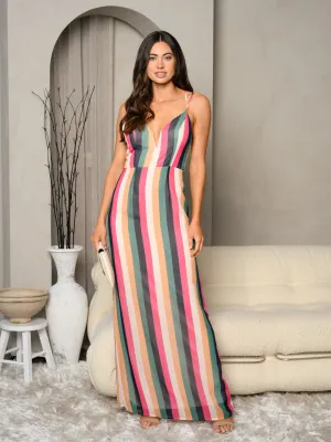 WOMEN'S SLEEVELESS V-NECK MULTI STRIPES BACK SLIT MAXI DRESS