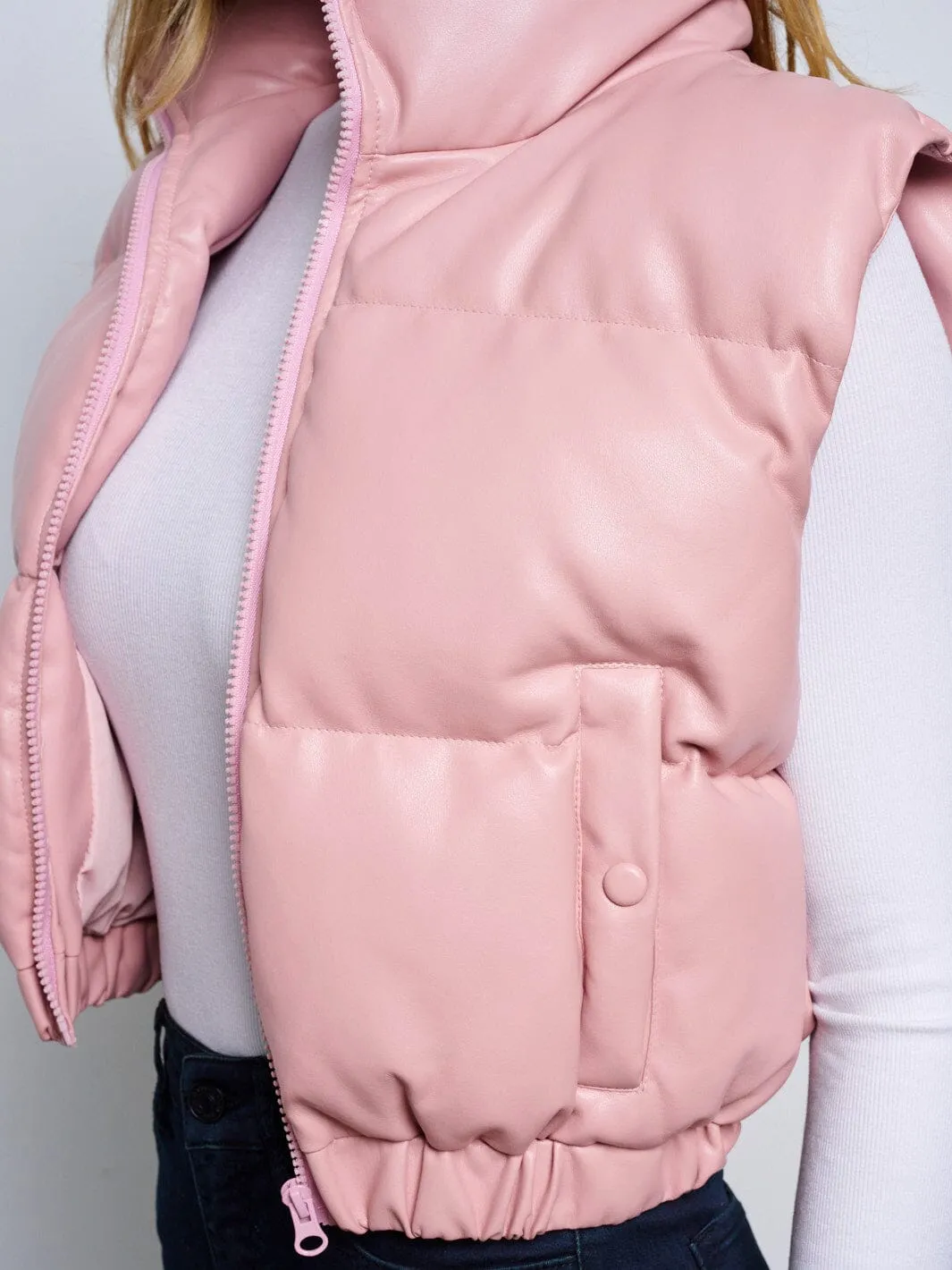 WOMEN'S SLEEVELESS ZIP UP FRONT POCKETS PU PLEATHER PUFFER VEST