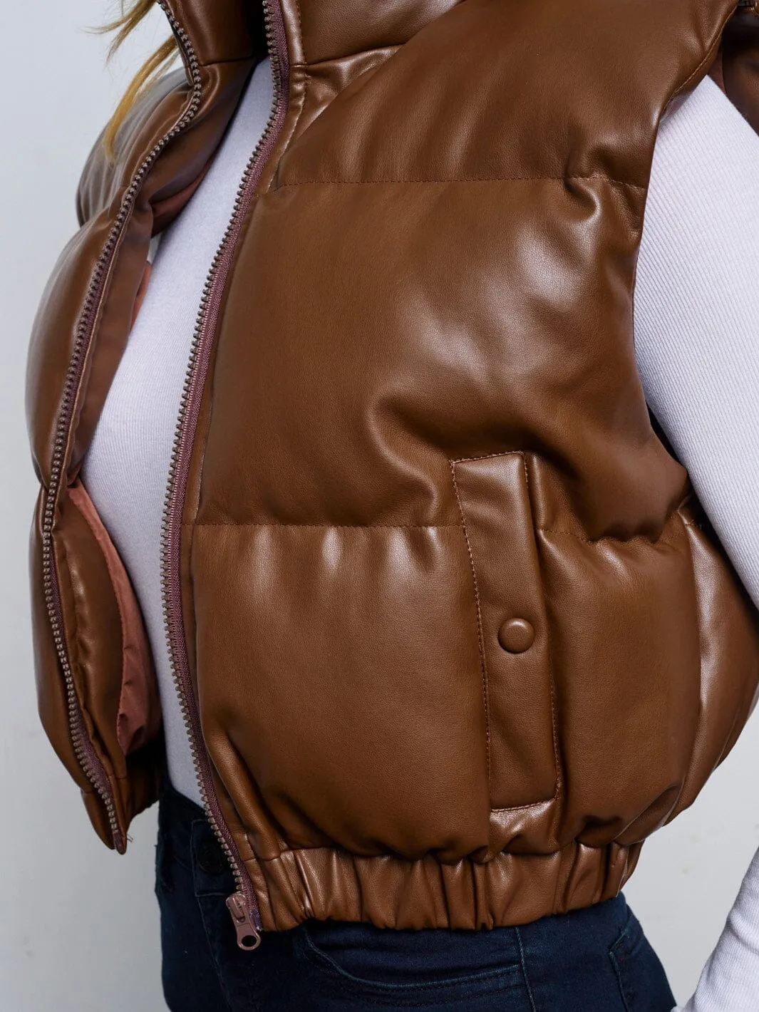 WOMEN'S SLEEVELESS ZIP UP FRONT POCKETS PU PLEATHER PUFFER VEST