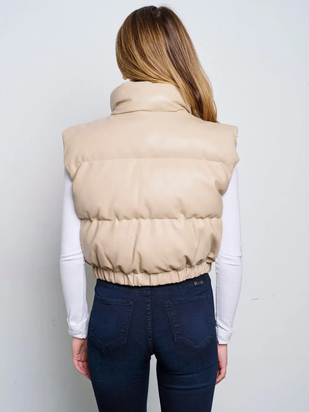 WOMEN'S SLEEVELESS ZIP UP FRONT POCKETS PU PLEATHER PUFFER VEST