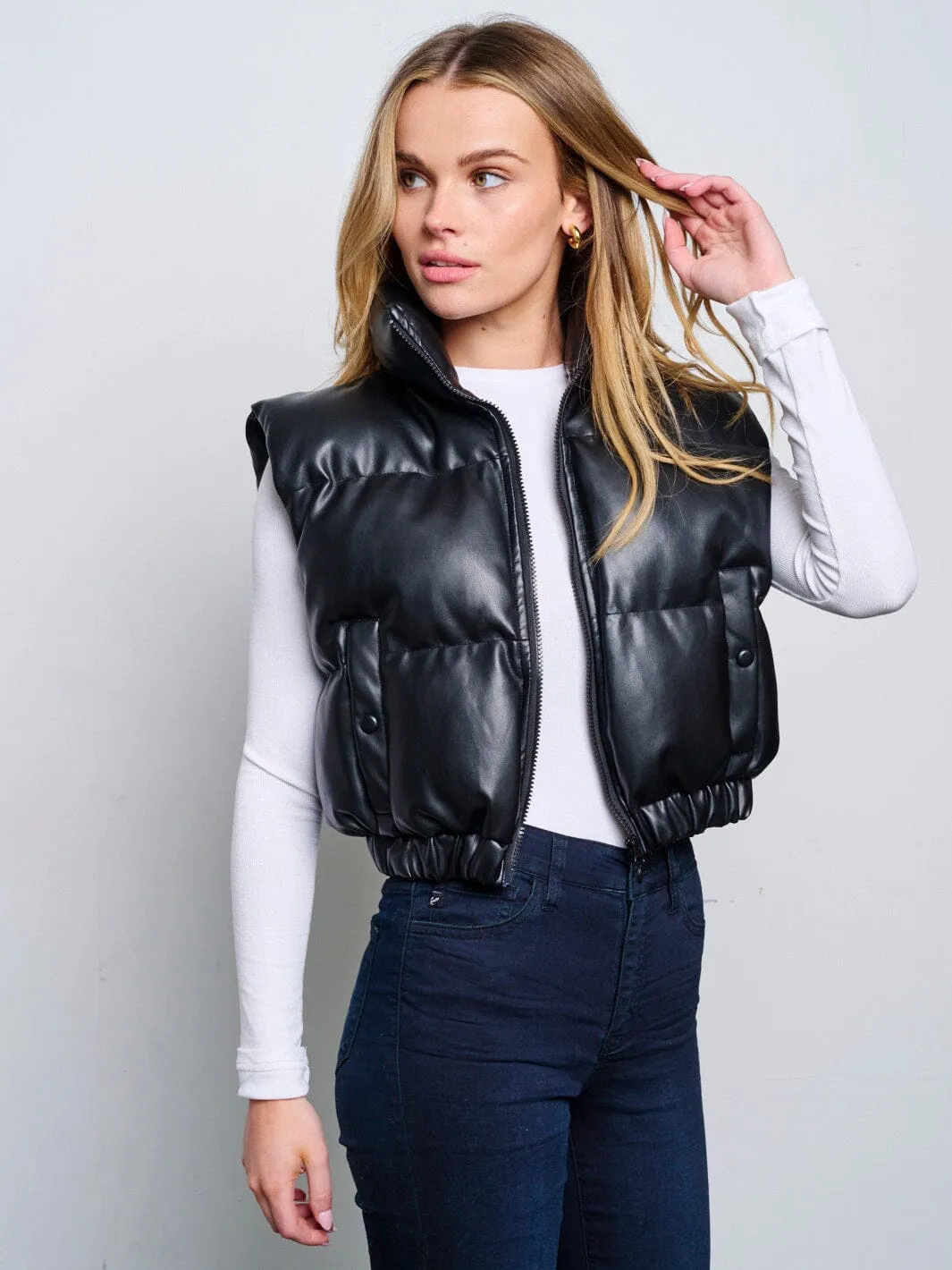 WOMEN'S SLEEVELESS ZIP UP FRONT POCKETS PU PLEATHER PUFFER VEST