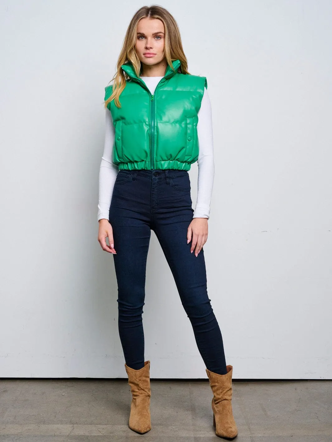 WOMEN'S SLEEVELESS ZIP UP FRONT POCKETS PU PLEATHER PUFFER VEST